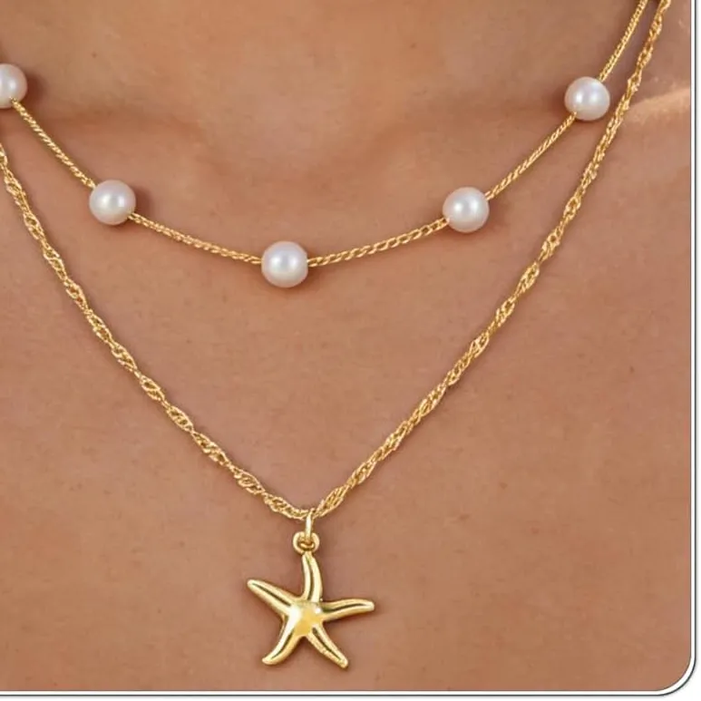 Authentic Women Beach Layered Shell Necklace 14K Gold Plated Starfish Conch Seashell Pearl Charm Pendant, Coastal Summer Vacation Jewelry