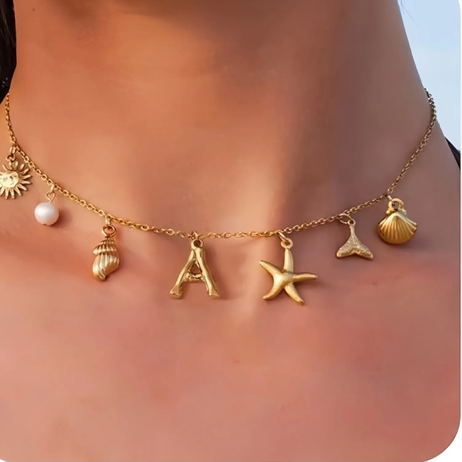 Authentic Tides of Destiny: 18K Gold Plated Starfish Shell Initial Charm