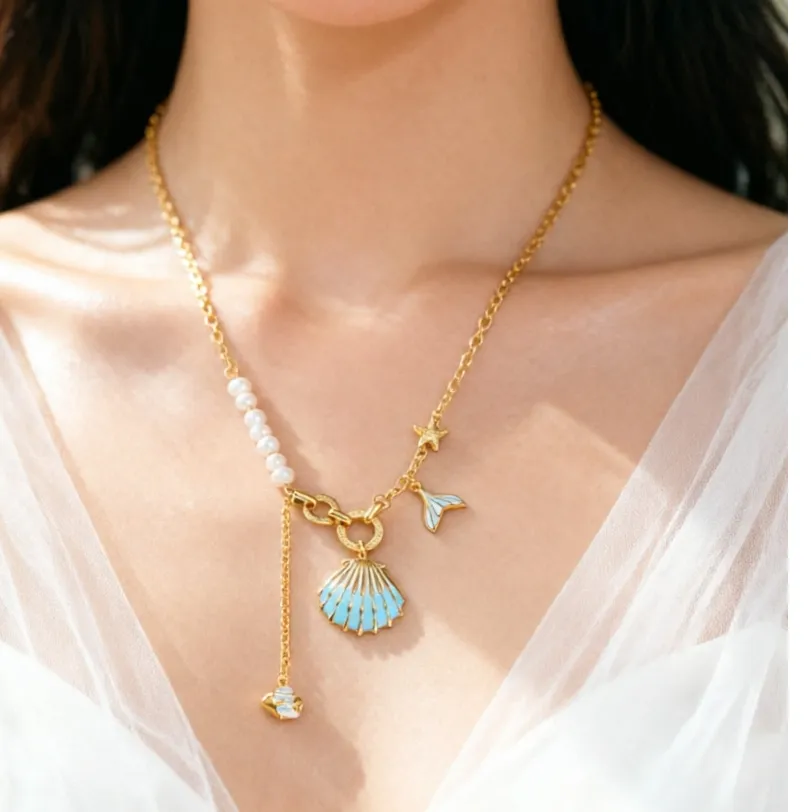 Authentic Necklace Marine Shell Starfish Conch Pendant Summer Beach Trend 14K Gold Plated Layered Pearl Charm