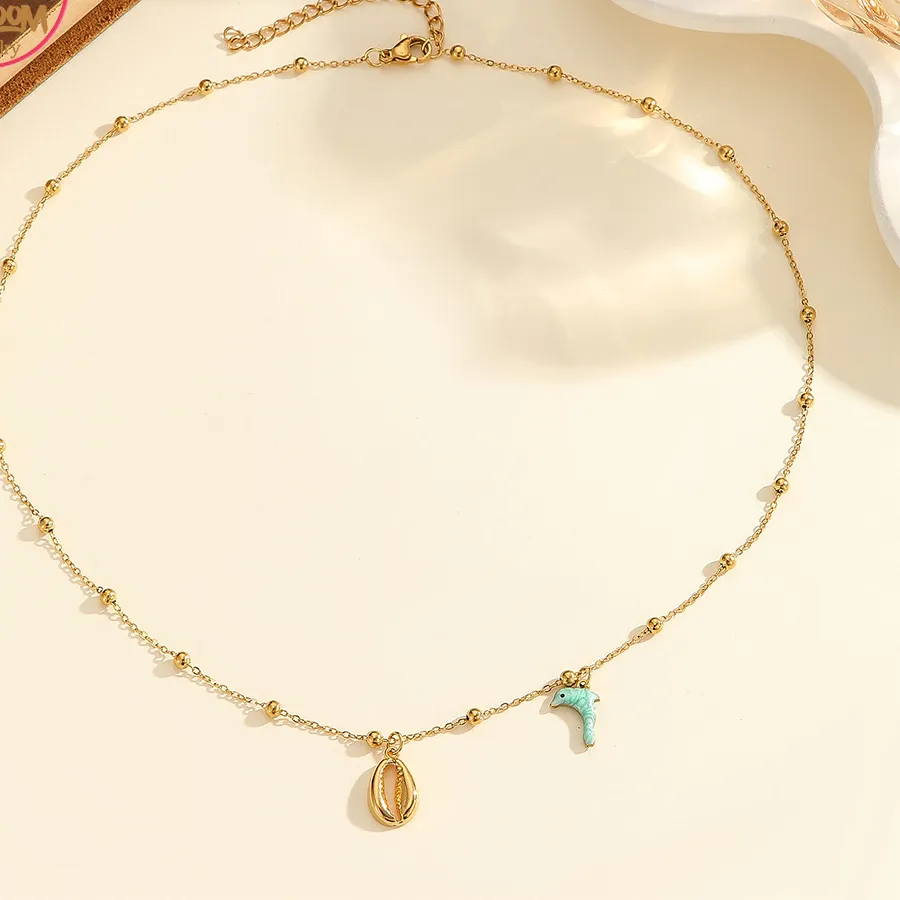 Authentic Gold-plated Ocean Series Round Bead Necklace Starfish Shell Pendant Charming Pendant Choker Beach Vacation Women Jewelry Gifts