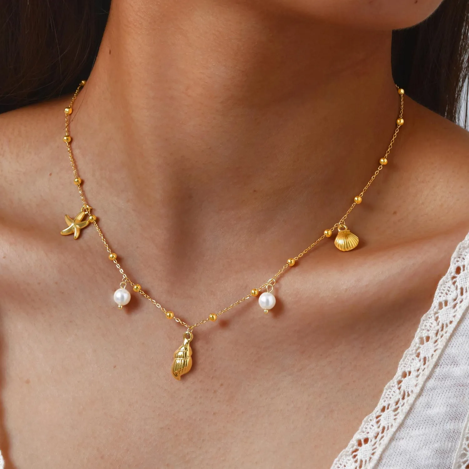 Authentic Real Gold Plated Pearl Shell Conch Starfish Summer Beach Necklace Charms Necklace for Women Waterproof Jewelry