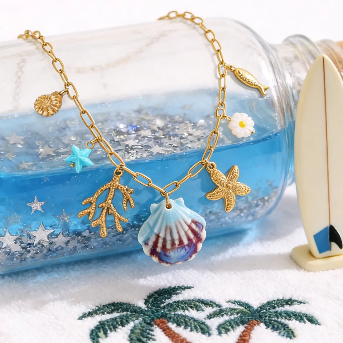 Authentic SOVOB Ocean Style Pendant Necklace For Women Gold-Plated Shell Starfish Coral Charms Trendy Beach Party Jewelry