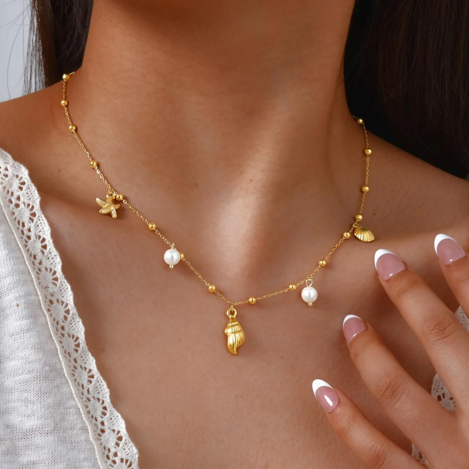 Authentic 18k Gold Plated Pearl Shell Conch Starfish Summer Beach Necklace, Charms Necklace for Women,Stainless Steel Waterproof Jewelry