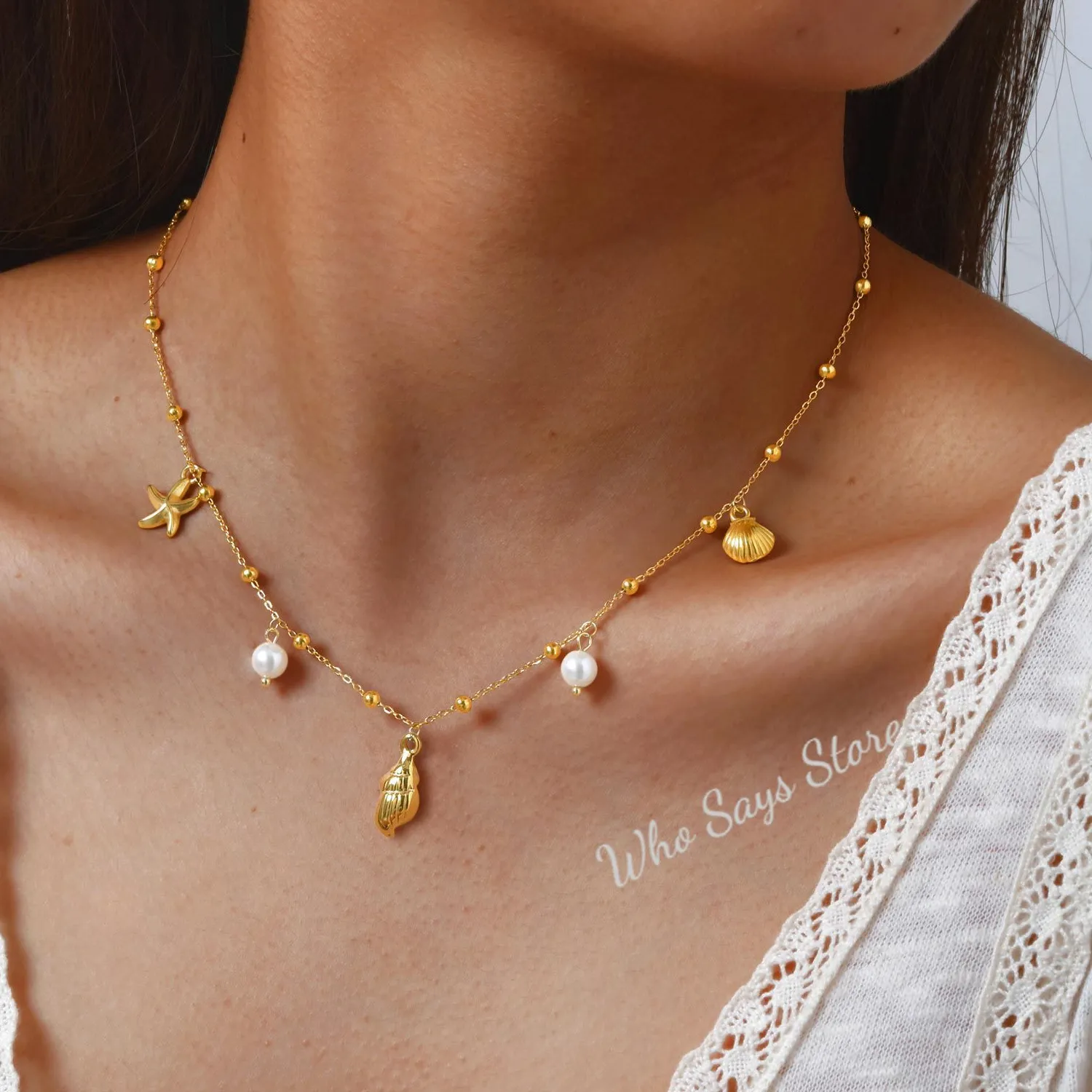 Authentic Charms Necklace for Women, Gold Plated Pearl Shell Conch Starfish Summer Beach Necklace, Waterproof Jewelry