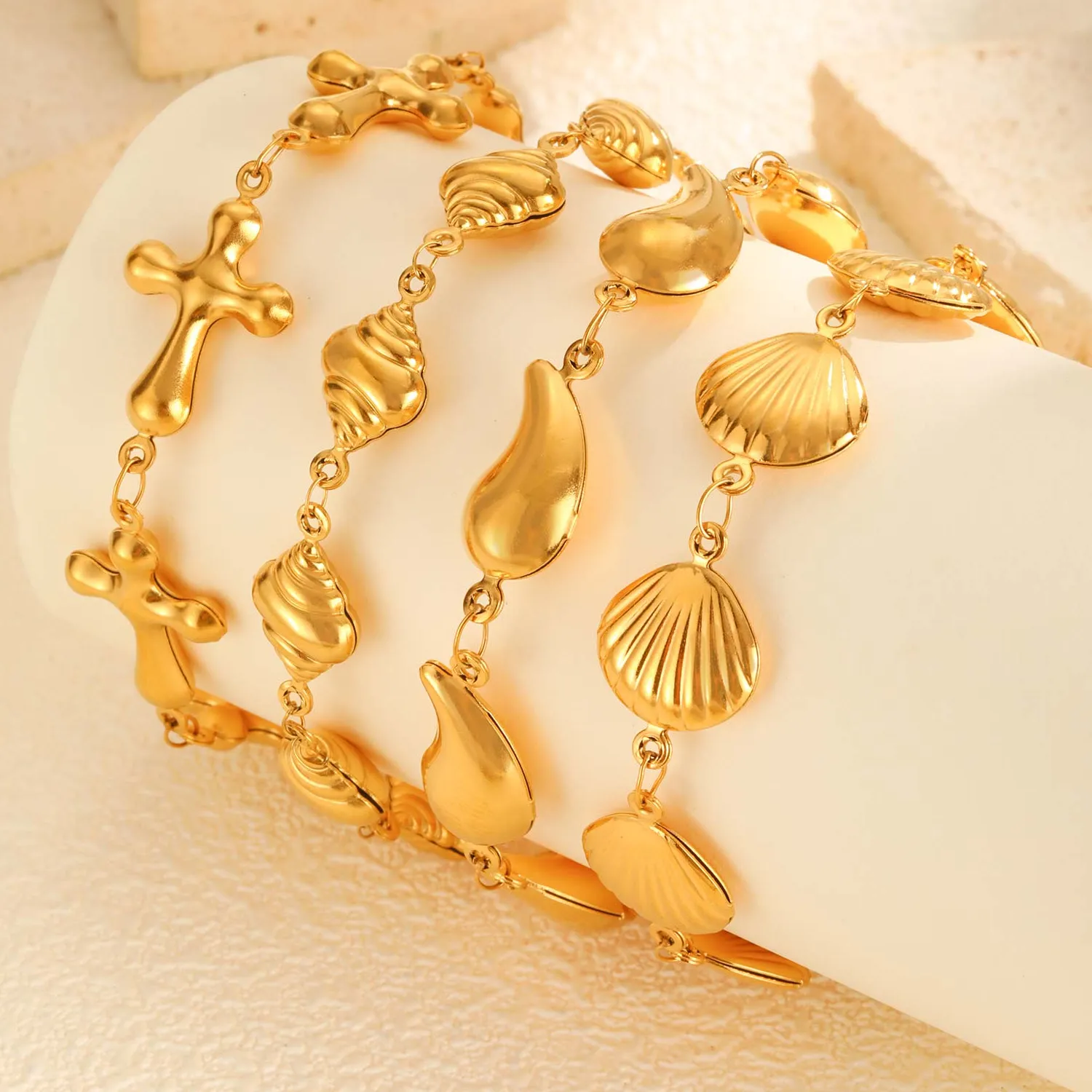 Authentic Trendy Conch Shell Cross Water Drop Bracelet for Women,Gold Plated Stainless Steel Chain Bracelets,Beach Holiday Jewelry Gifts