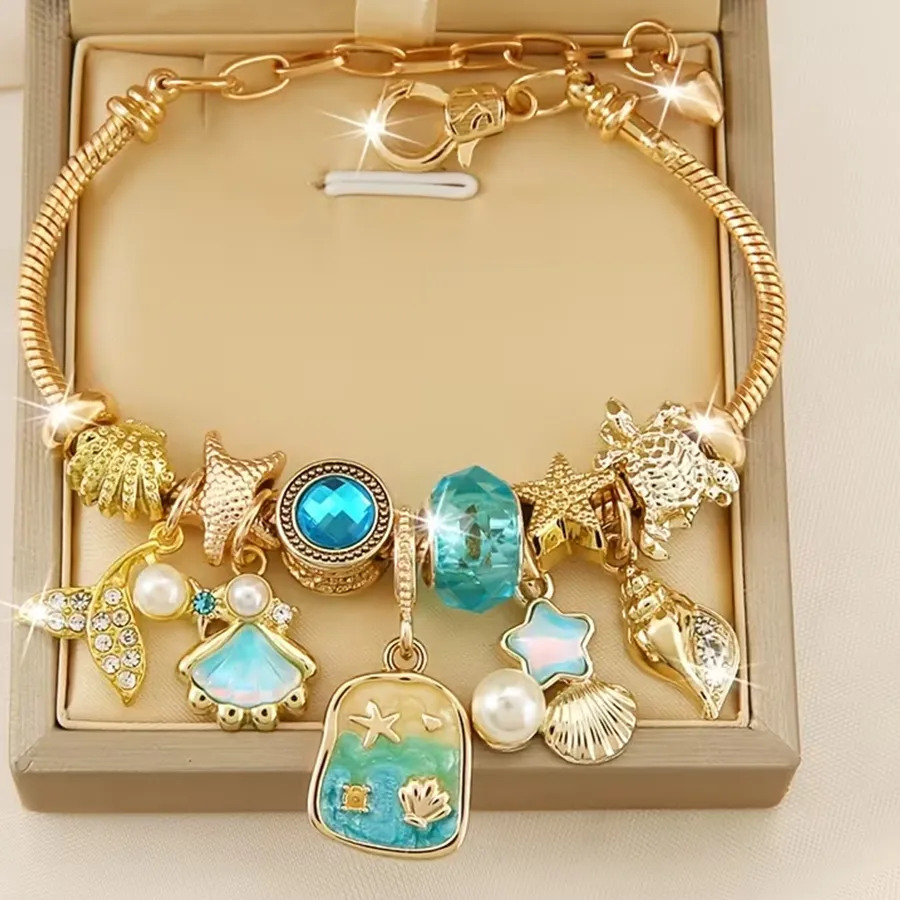 Authentic Ocean Theme Charm Bracelet for Women, Gold Plated Sea Turtle Starfish Shell Beaded Bracelet, Summer Beach Style Mermaid Tail Jew