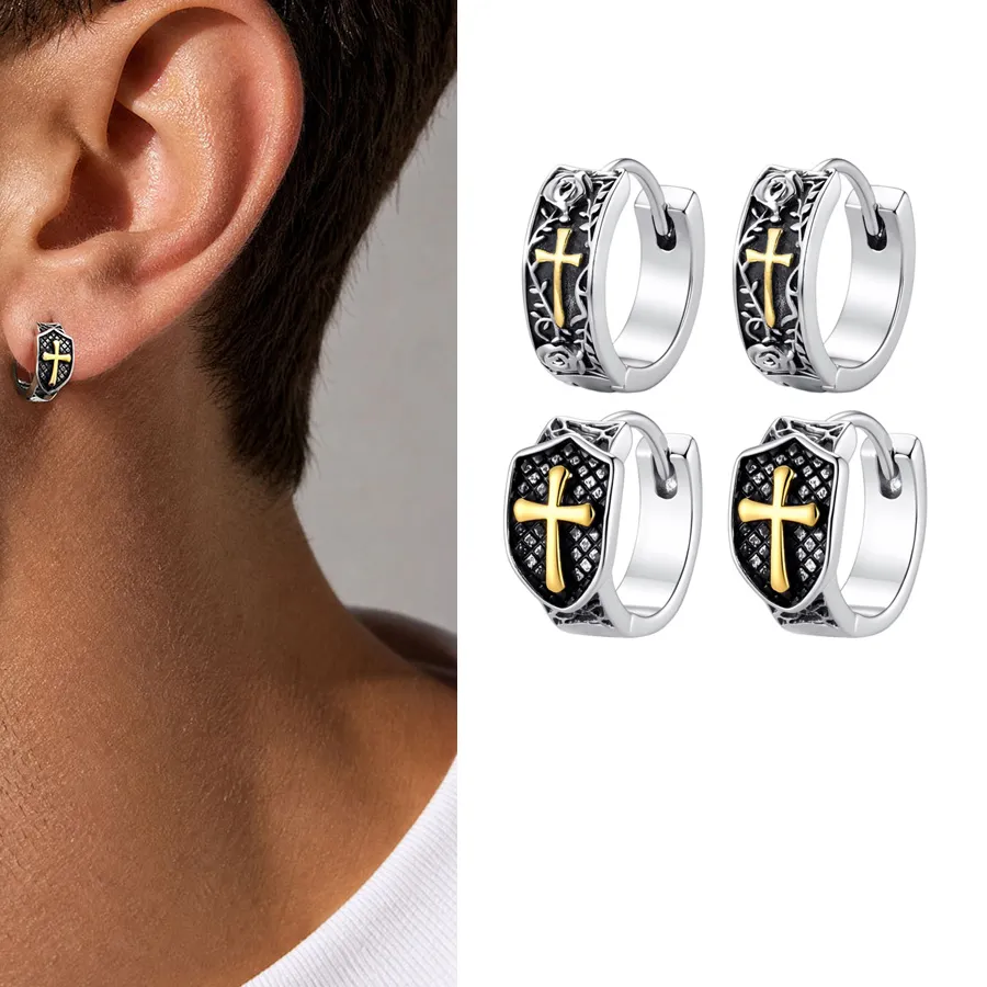 Authentic Vnox Shield Rose Cross Huggie Hoop Earrings, Punk Hip Hop Gothic Two Tone Piercing Ear Religious Jewelry
