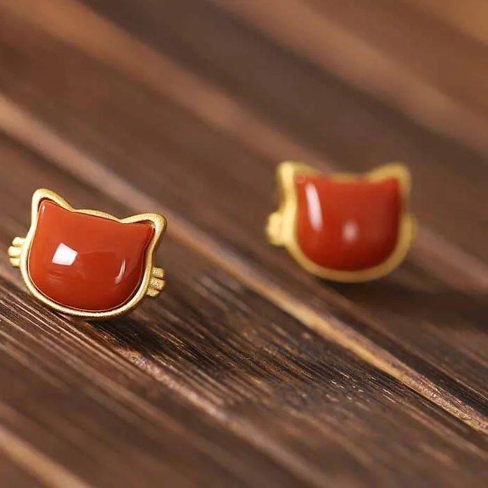 Authentic Creative ancient gold craftsmanship sweet cute ear studs southern red tourmaline earrings for women silver jewelry