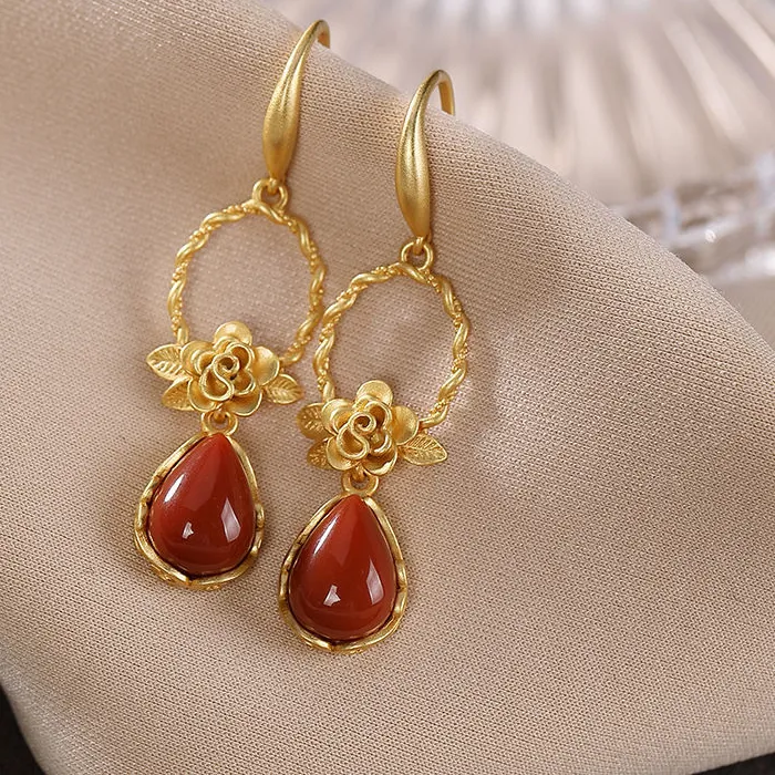 Authentic Elysian Peony Talisman: Ancient Gold and Southern Red Tourmaline Earrings