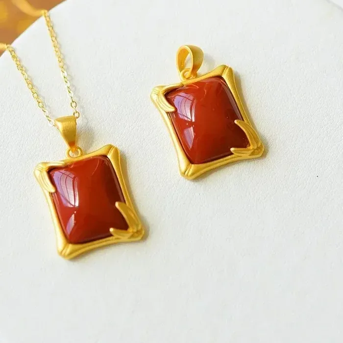 Original Design Inlaid Southern Red Tourmaline Pendant Necklace Unique Ancient Gold Craft Bamboo Edge Female Fine Jewelry