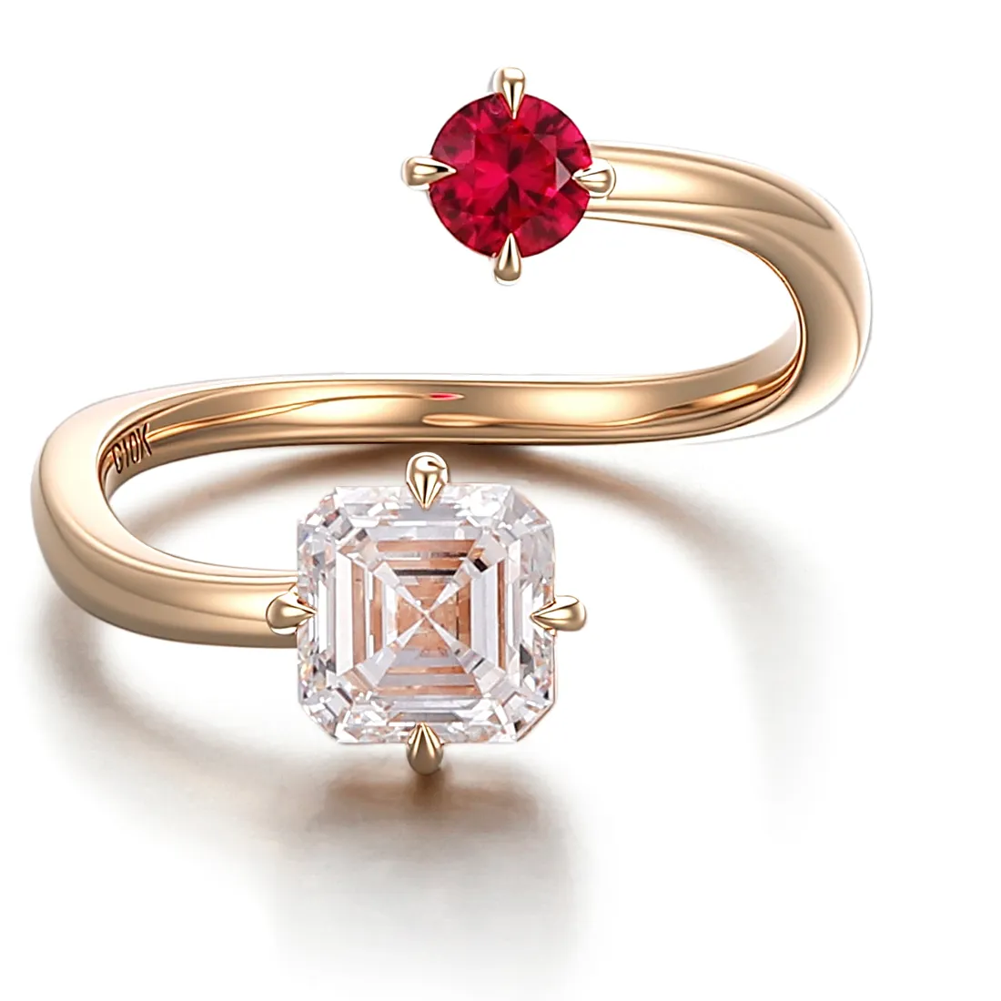 Provence 10K Gold Two Stone Toi Et Moi Ring Asscher Cut Lab Diamond With Round Ruby Open Cuff Wrap Ring Romantic Jewelry For Her