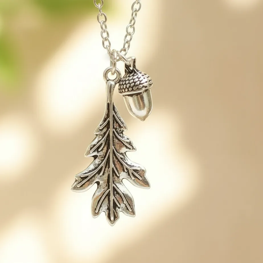 Authentic Oak Leaf And Acorn Necklace Nature- Inspired Pendant Jewelry Boho Botanical Necklace