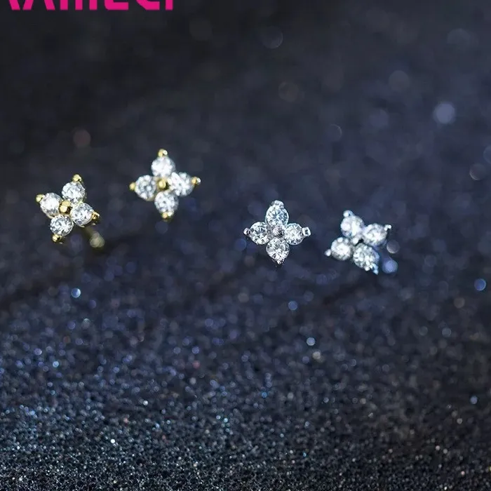 Authentic 100 Real 925 Sterling Silver Color Clover Stud Earrings Bright Zircon Earrings Jewelry