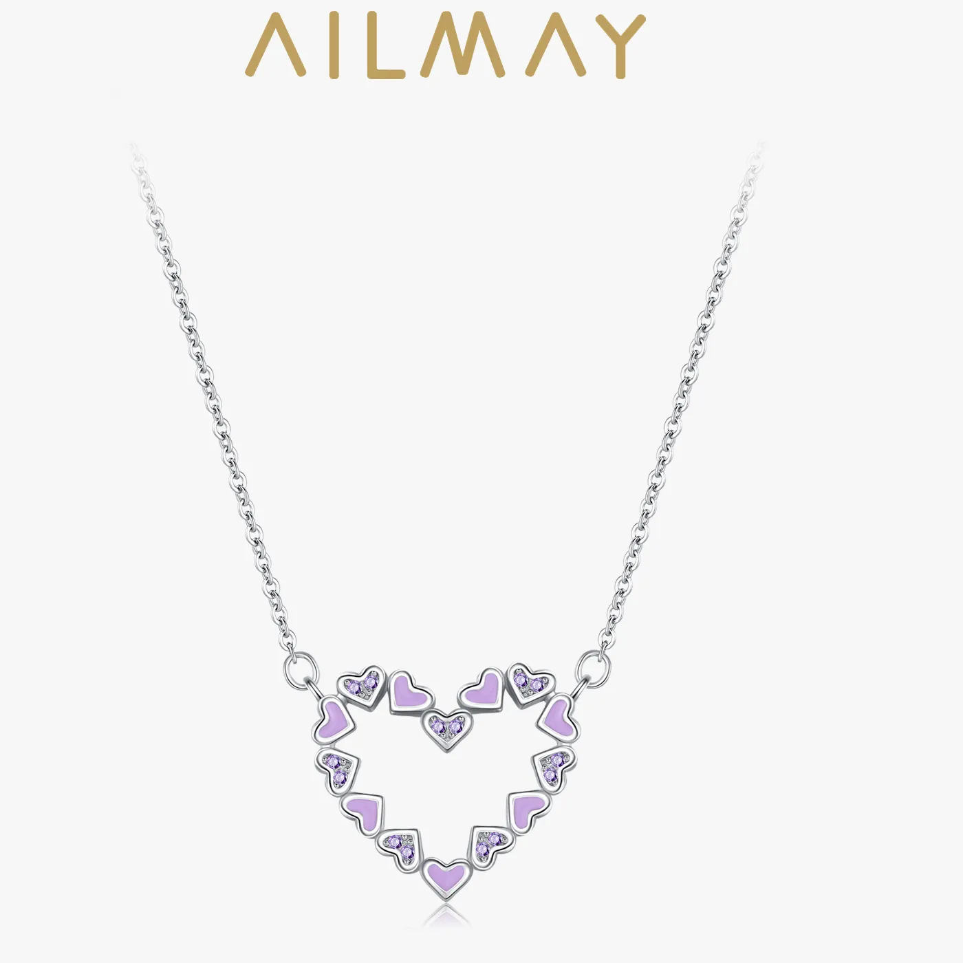 Authentic 925 Sterling Silver Romantic Heart Enamel Pendant Necklace Purple Cz Link Chain Neck Jewelry