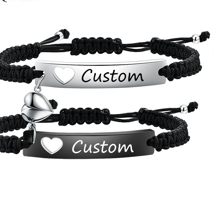 Authentic Custom Couple Bracelet Black Woven With Heart Magnetic Suction Bracelet Jewelry Accessories