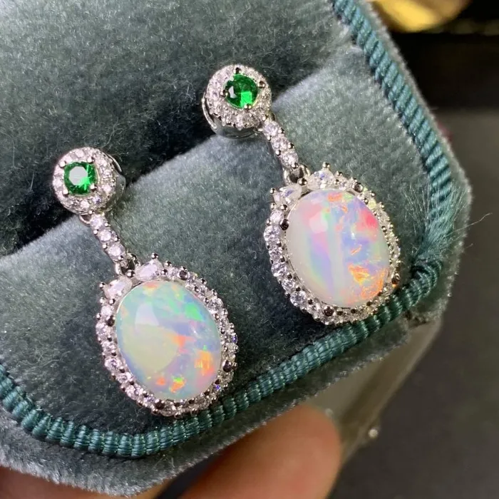 Authentic 925 Sterling Silver Opal Earring 8X10Mm Natural Gemstones Colorstone Fine Jewelry Wife Nice