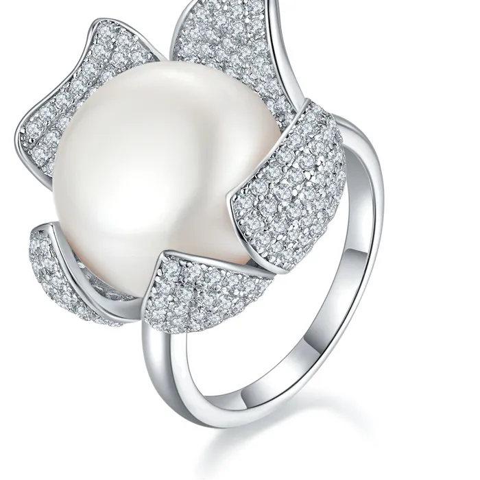 Authentic Laya Natural Pearl Ring Pure 925 Sterling Silver Clear Cube Zirconia Jewelry