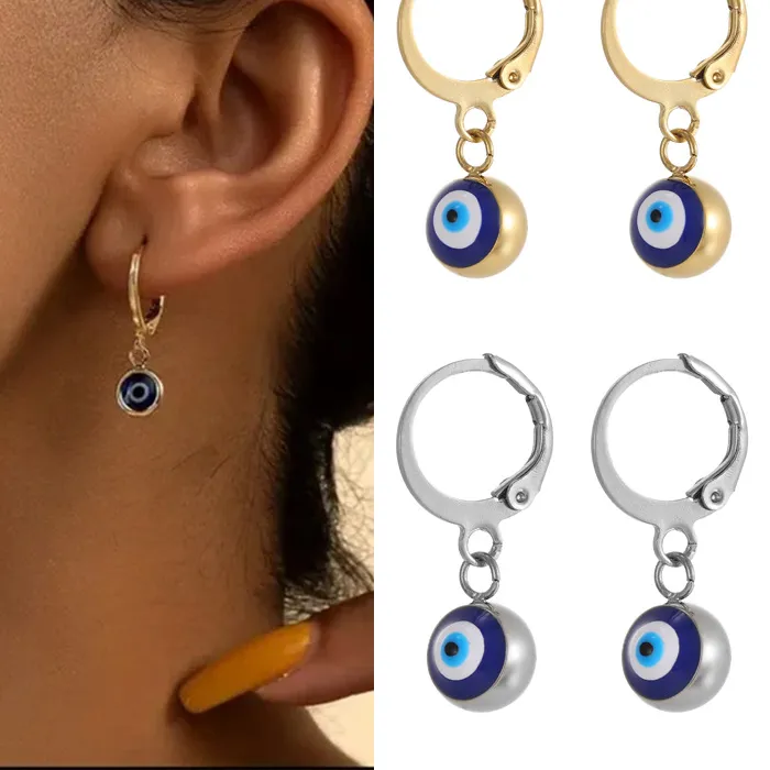 Authentic Gold Plated White Blue Turkish Evil Eyes Small Drop Earrings Necklace Round Hoop Earrings