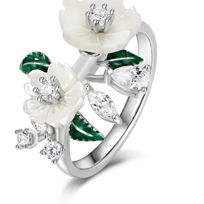 Authentic Laya Ring Zircon Natural Shell Flower Green Leaf Enamel 925 Sterling Silver Original Jewelry
