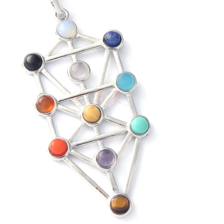 Authentic Silver Color 11 Stone Beads Kabbalah Pendant Necklace Natural Chakra Tree Of Life Stone Pendant Chain Necklace Jewelry