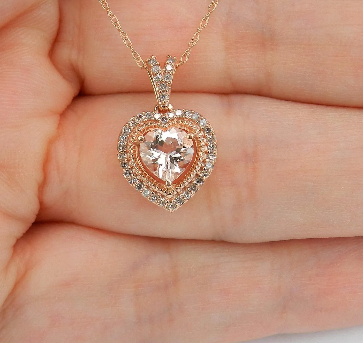Authentic Celestial Heart Of Compassion A Morganite Halo Pendant In Rose Gold Light