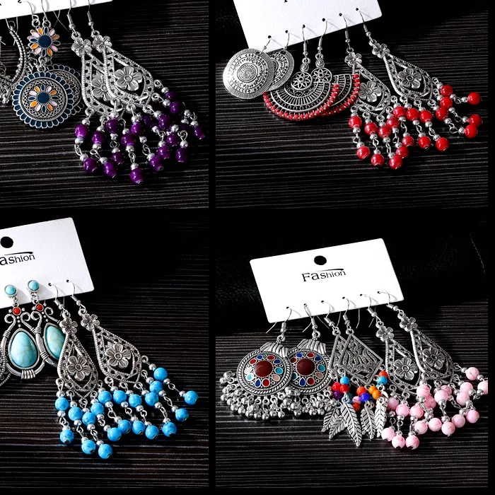 Authentic Silver Color India Earrings Jewelry Flower Red Purple Pink Turquoises Earrings