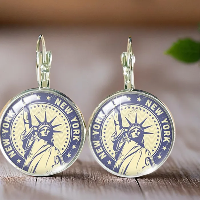 Authentic Staue Of Liberty Ear Clip Round Earring Glass Cabochon Art Printed Jewelry