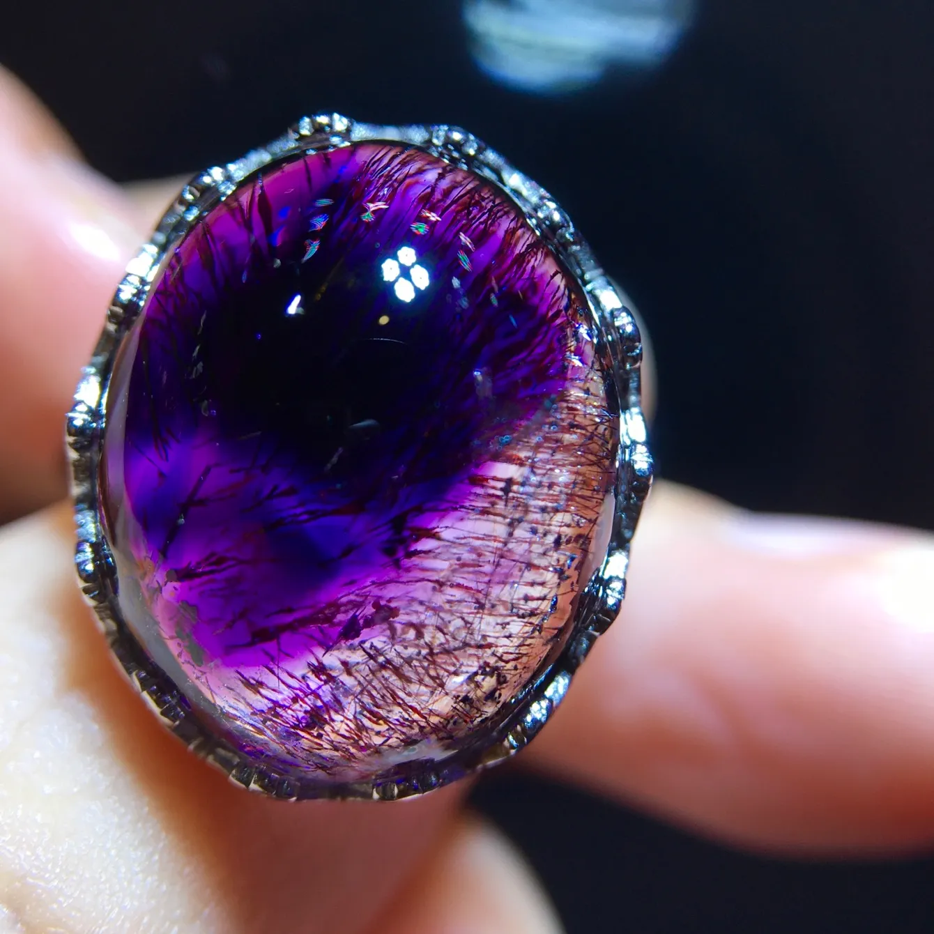 Authentic Super Seven Adjustable Ring A Crowned Amulet Of Sevenfold Wisdom And Shimmering Violet Veil