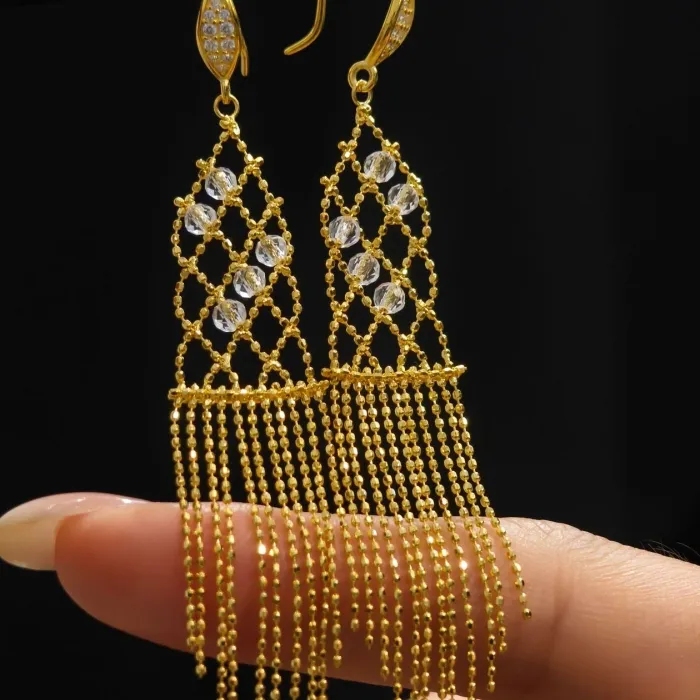 Authentic Luminous Weave Of The Moonflower Gold- Plated Tassel Earrings With Crystal Veil