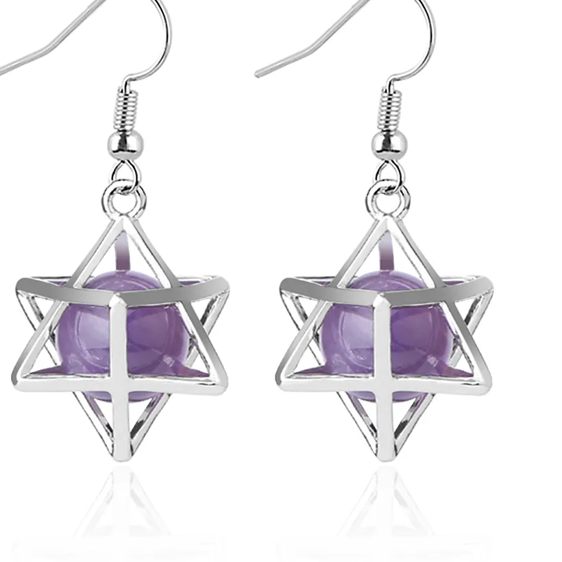 Authentic Csja Natural Stone Hexagram Earrings Merkaba Hollow Star Purple Crystal Round Bead Drop Earring Reiki Jewelry F878