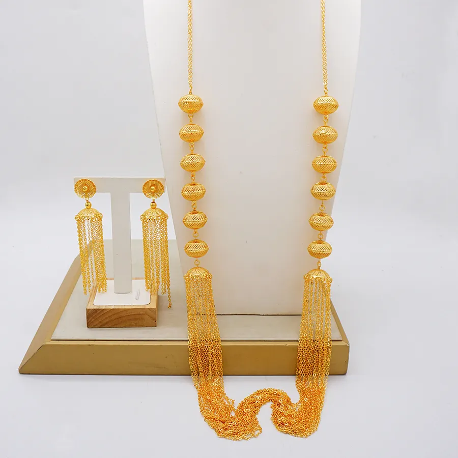 Authentic Dubai Gold Color Jewelry African India Long Chain Tassels Necklace Earrings Evening