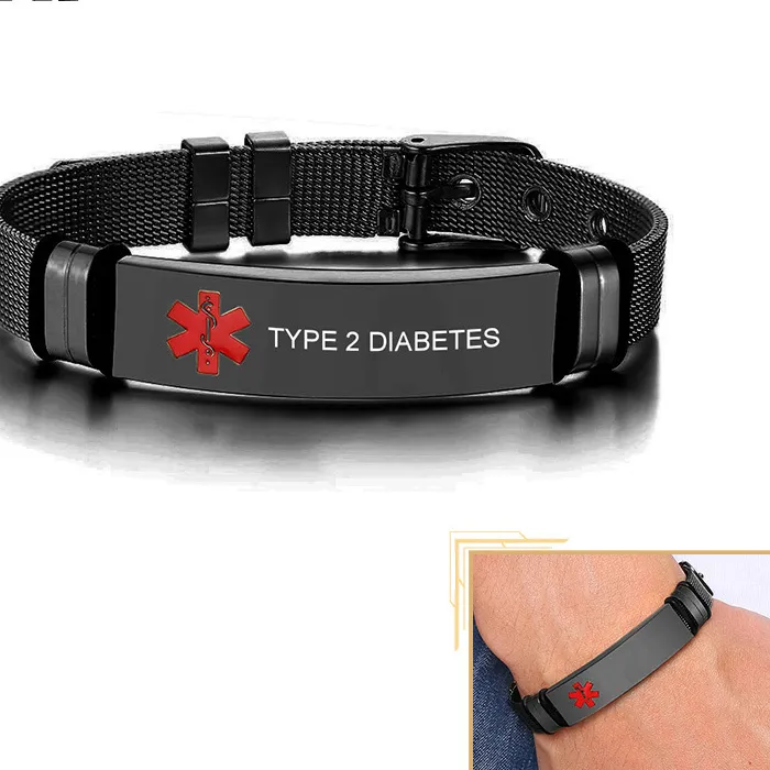 Authentic Vnox Personalized Engrave Medical Alert Id Bracelets, Black Male Wristband Jewelry, Length Adjustable