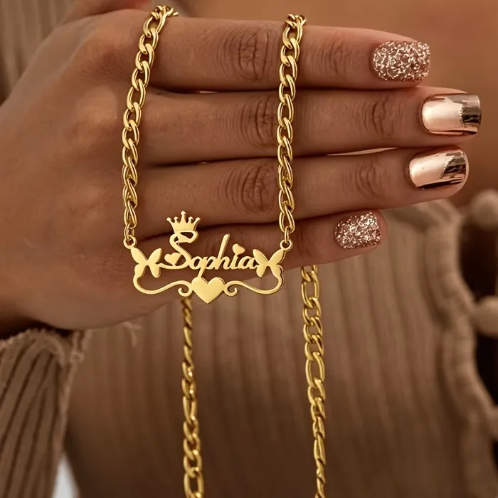 Authentic Crowned Butterfly Heart Personalized Name Talisman Necklace