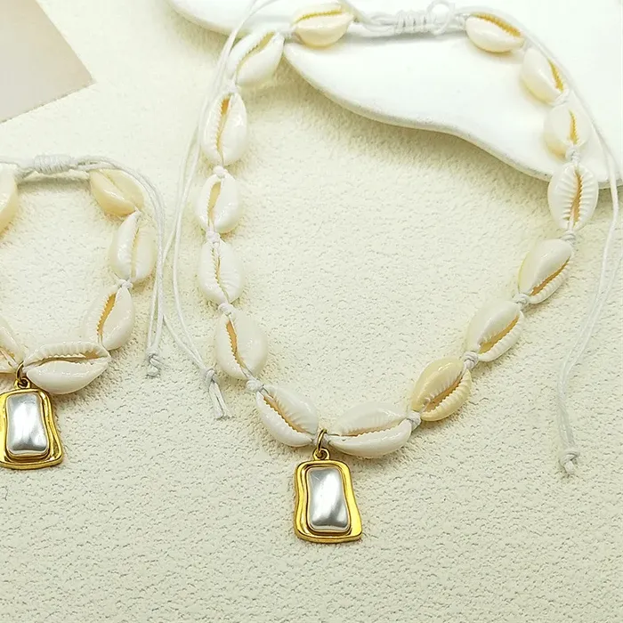 Authentic Female Shell Necklace Bracelet Girls Summer Bohemian Handmade String Rope Chains Jewelry