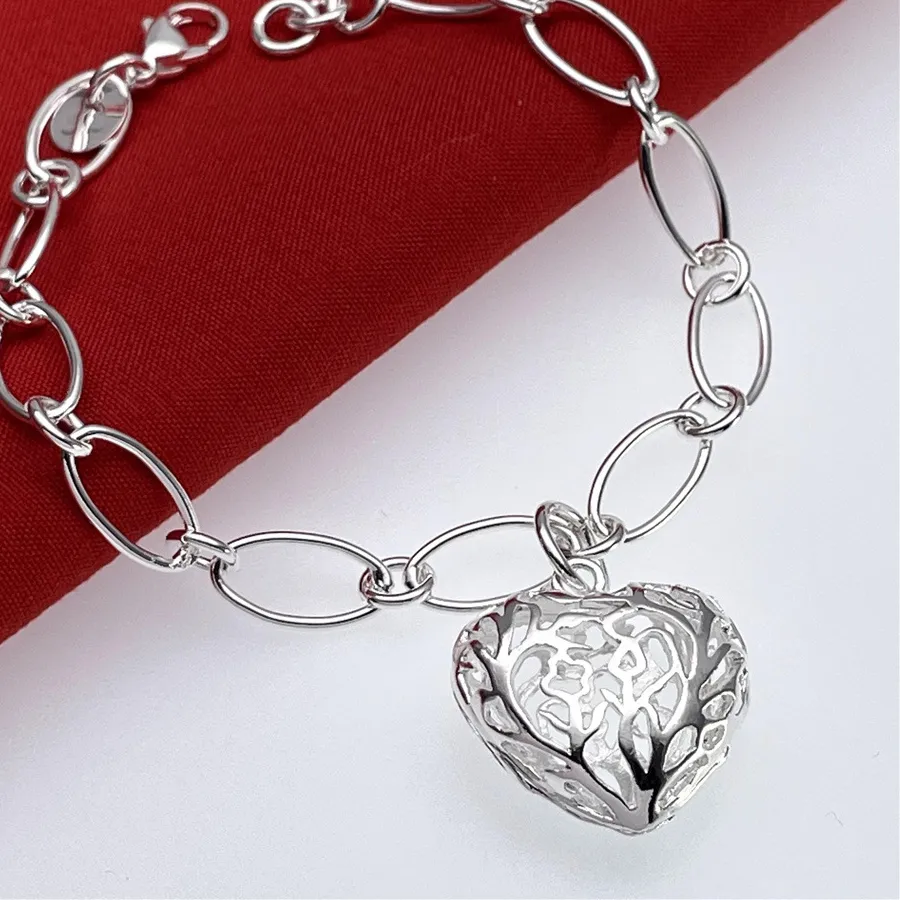 Authentic 925 Sterling Silver Hollow Heart Bracelets Lady Accessories Jewelry