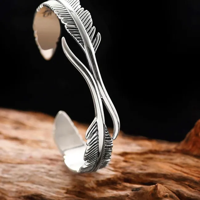 Authentic Thai Silver Double Feather Bracelets 925 Sterling Silver Jewelry Personality Leaf Creative Opening Bangles Tyb126