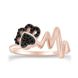 Authentic Whisper Of The Loyal Heart- 0.1Ct Black Diamond Paw & Heartbeat Ring In 14K Rose Gold Plating