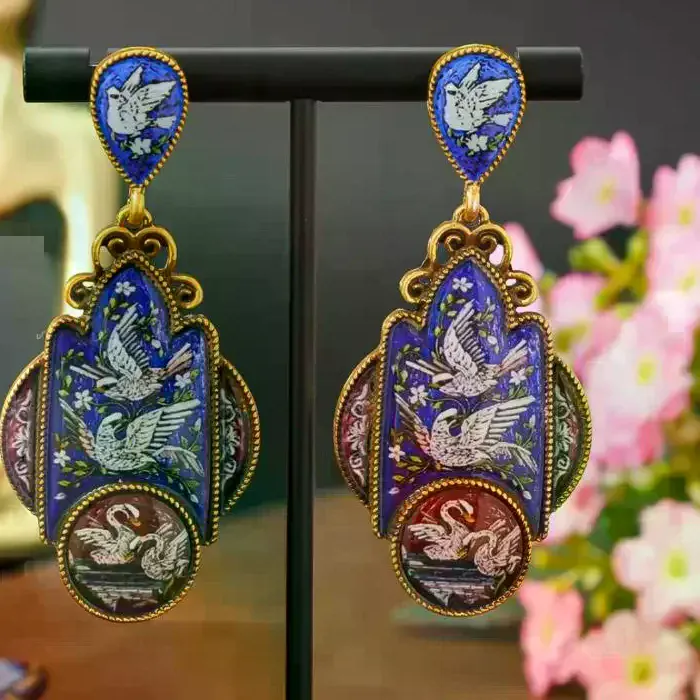Authentic Swan Messenger Earrings Elegant Enamel Court- Style Talismans Of Grace
