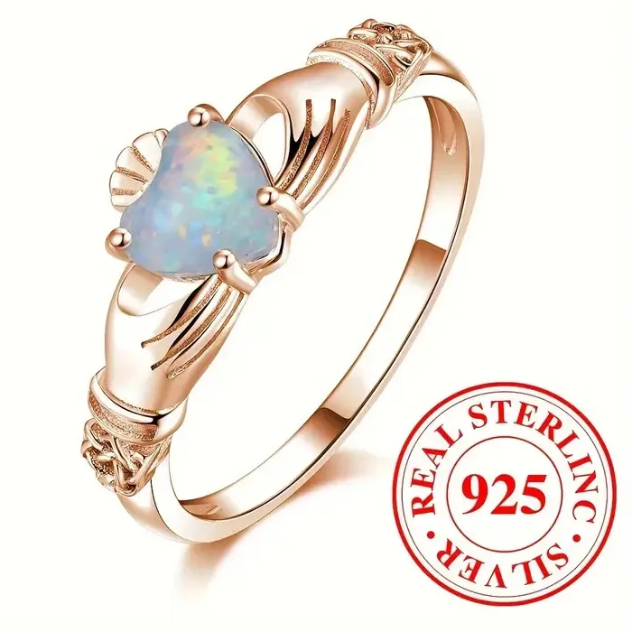 Authentic Sterling Silver Rose Gold Plated Claddagh Opal Heart Ring size P 1/2 in Gift Box