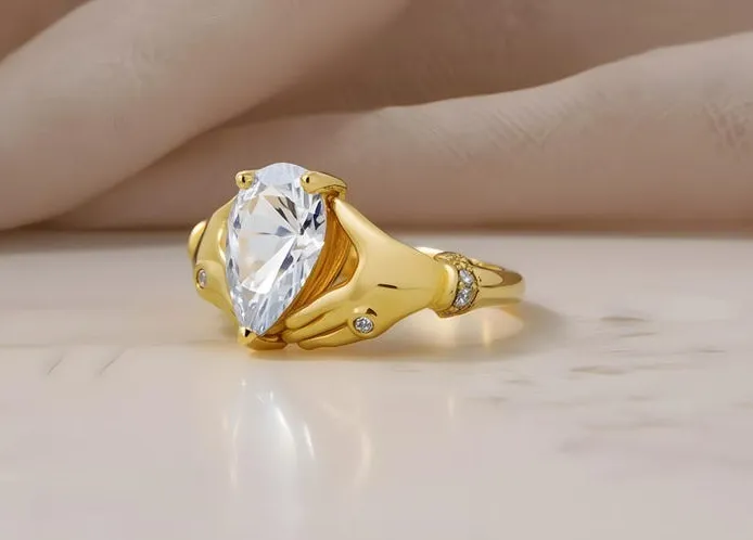 Authentic Gold Plated Pear Moissanite Claddagh Ring Vintage Engagement Gift Women