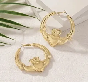 Authentic 9k Gold GF Large Claddagh Hoop Earring,Womens Gypsy Gold Plated Earrings