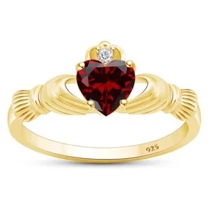 Authentic Claddagh Promise Ring Simulated Garnet 14K Yellow Gold Plated Sterling Silver
