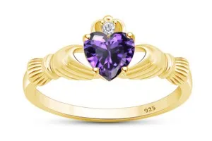 Authentic Claddagh Ring Heart Shaped Amethyst & Simulated Diamond 14K Yellow Gold Plated