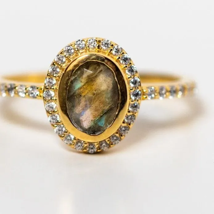 Authentic Lab Grow Moonstone (Labradorite) 925 Sterling Silver,18k Yellow Gold Plated Ring