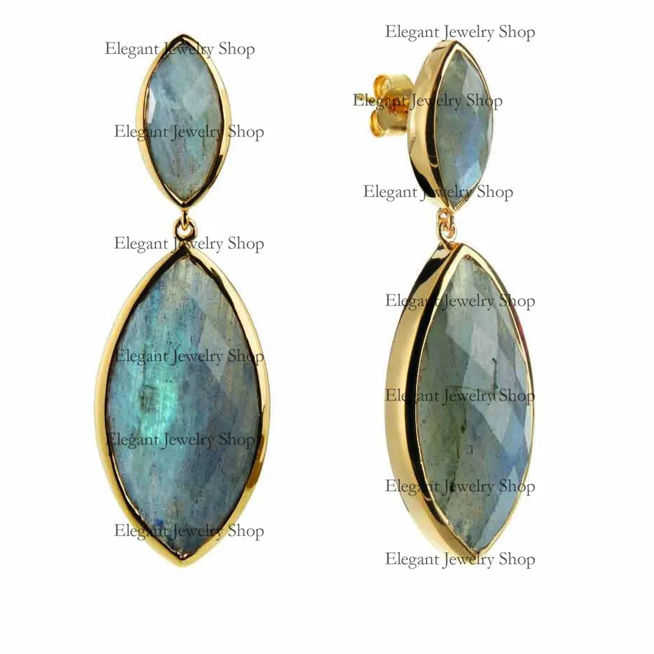 Authentic Marquise Labradorite Earrings 925 Silver Gold Plated Handmade Gemstone Jewelry