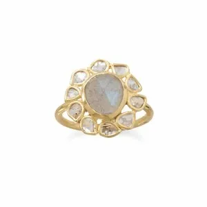 Authentic Gold-Plated Polki Diamond and Labradorite Ring 925 Sterling Silver