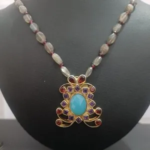 Authentic Gemstone Necklace Turquoise,Amethyst,Labradorite & Garnet 925 silver Gold plated