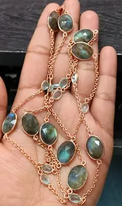 Authentic Labradorite Strand Necklace 925 Silver Rose Gold Plated Valentine Gift Jewelry