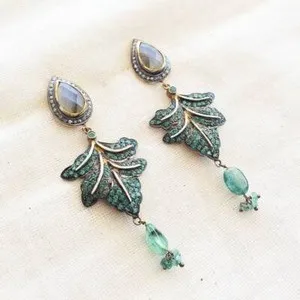 Authentic 925 Sterling Silver-Labradorite Emerald Gold Plated Pave Diamond Earrings