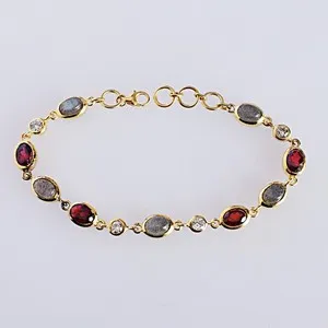 Authentic Oval Labradorite Gemstone 925 Sterling Silver Gold Plated Bracelet Fine Jewelry